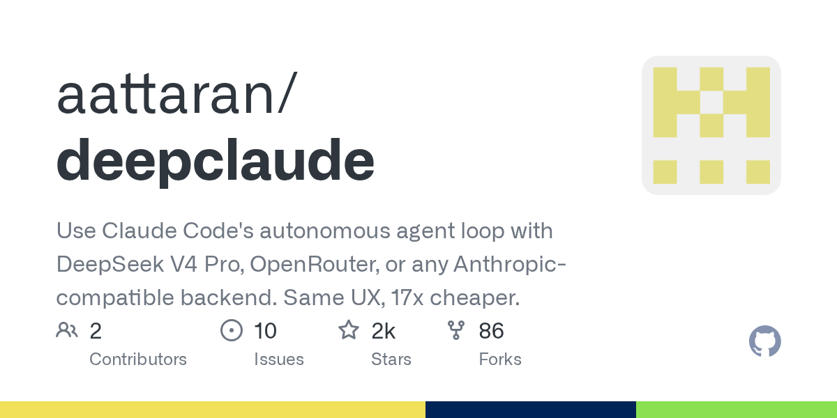 DeepClaude：用 DeepSeek V4 Pro 替换 Claude Code 后端，成本降低 17 倍 - 枫选-枫选